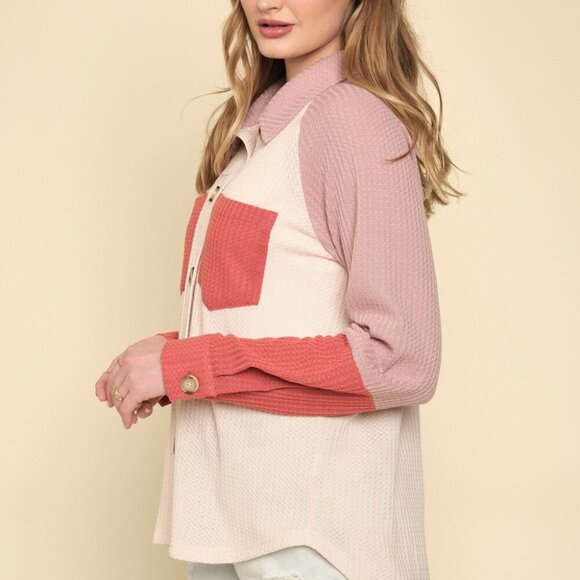 MYSTREE Colorblock Button Down Shirt , Waffle Knit Button Down Top, Pink Blush - Picture 4 of 8